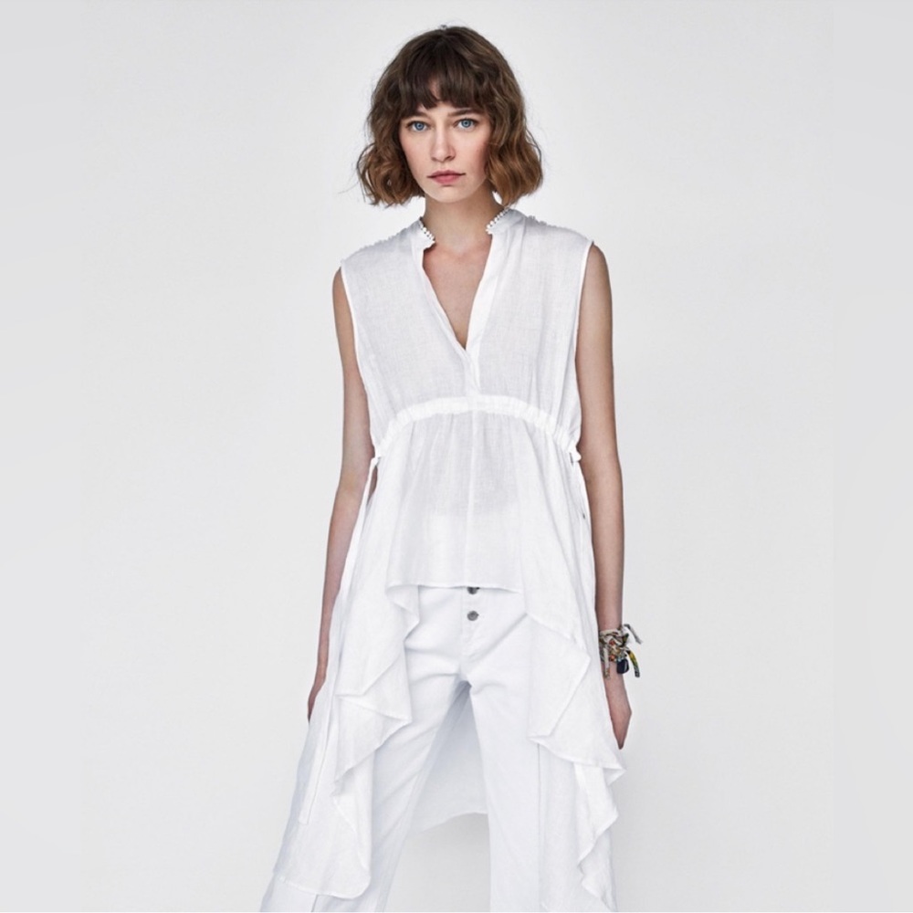 ZARA White Linen Asymmetric Ruffle Low Tunic Sz M